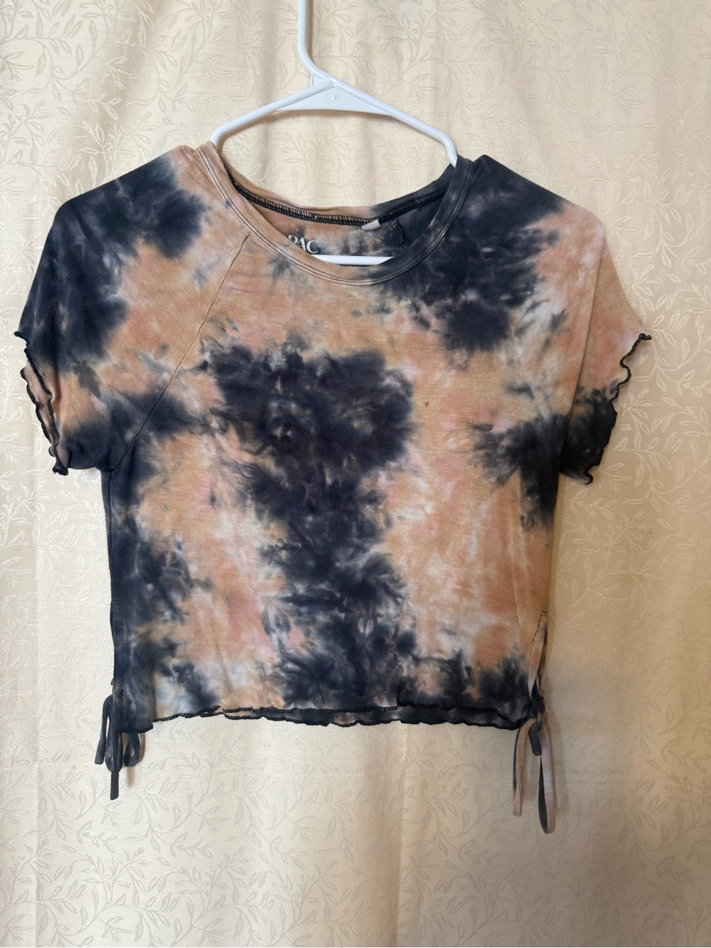 PacSun Top, Women’s size Small Black & Peach tie dye, side drawstrings crop top